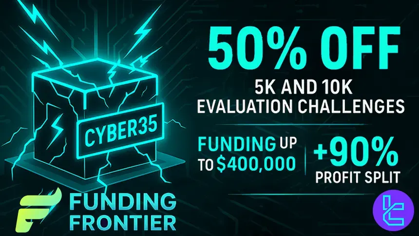 Funding Frontier banner displaying 35% and 50% discounted prop-trading challenge accounts