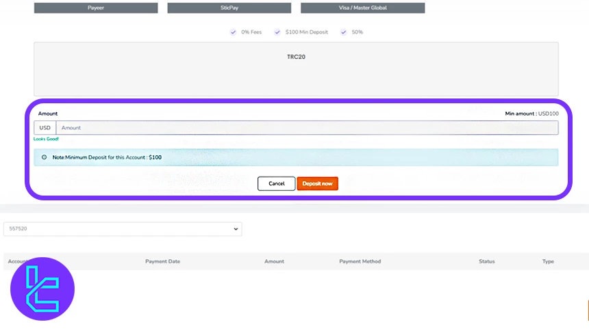 Enter Amount for TNFX Tether TRC20 cash in
