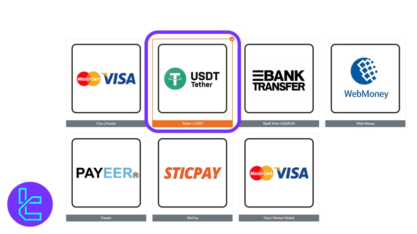 Choose USDT for TNFX Tether TRC20 cash in