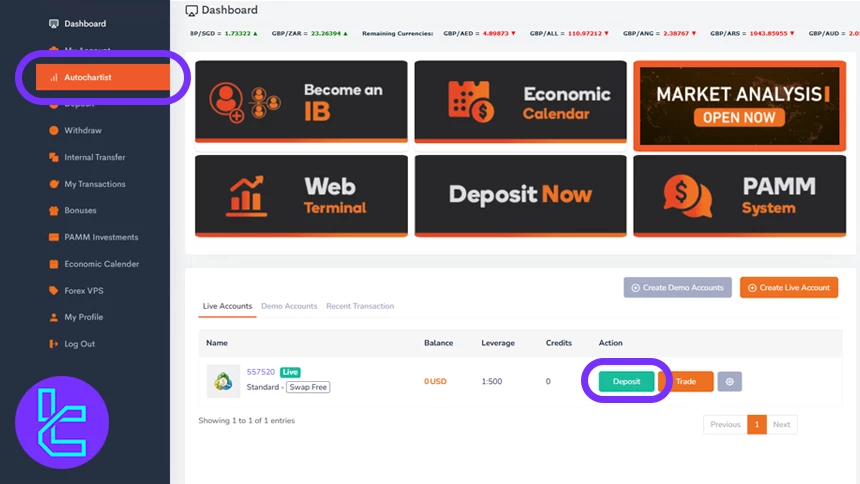 Select account for TNFX Tether TRC20 cash in