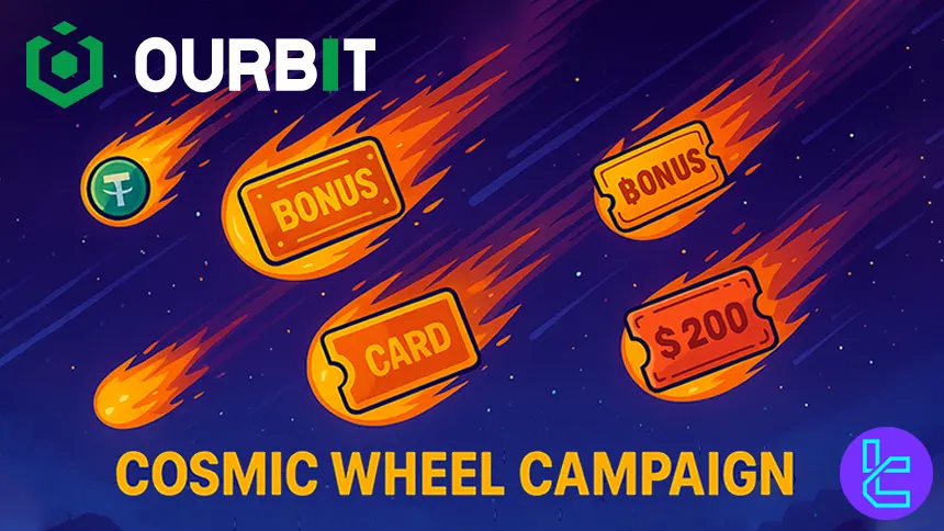 Falling bonus cards and vouchers representing the Ourbit Cosmic Wheel rewards event