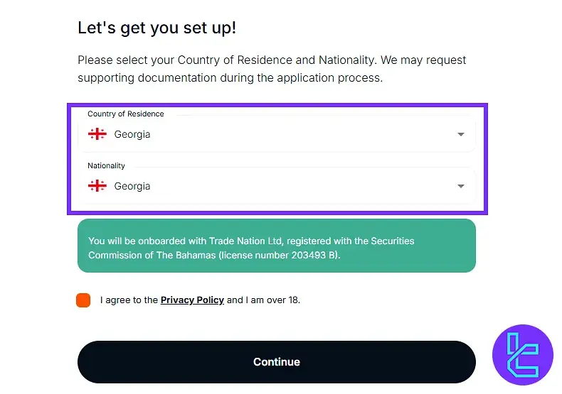 Select country in Trade Nation