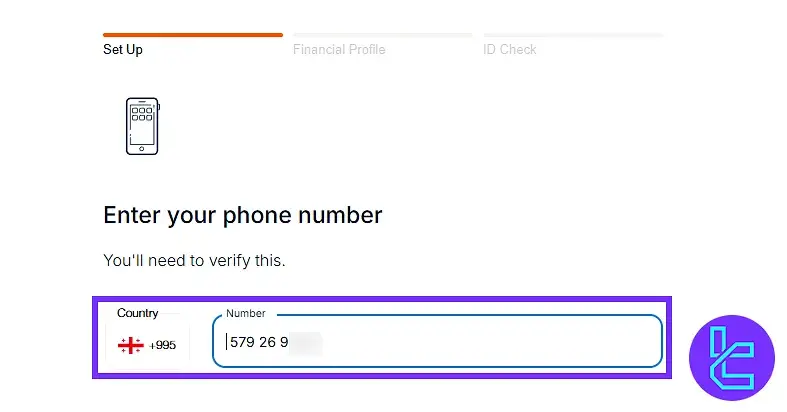 Enter phone number for Trade Nation registration