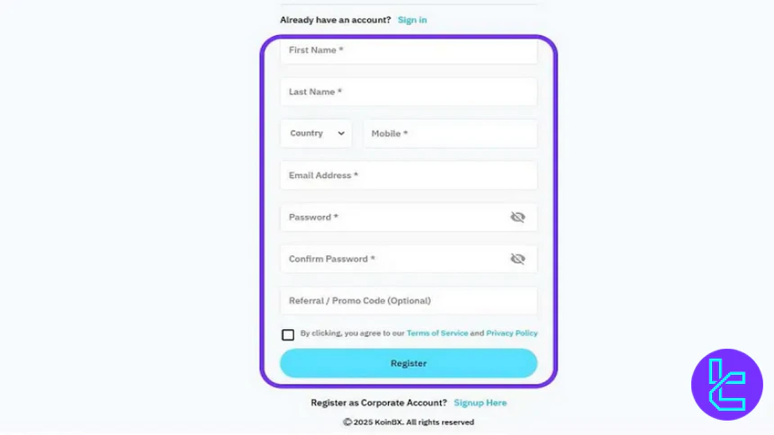 KoinBX registration form