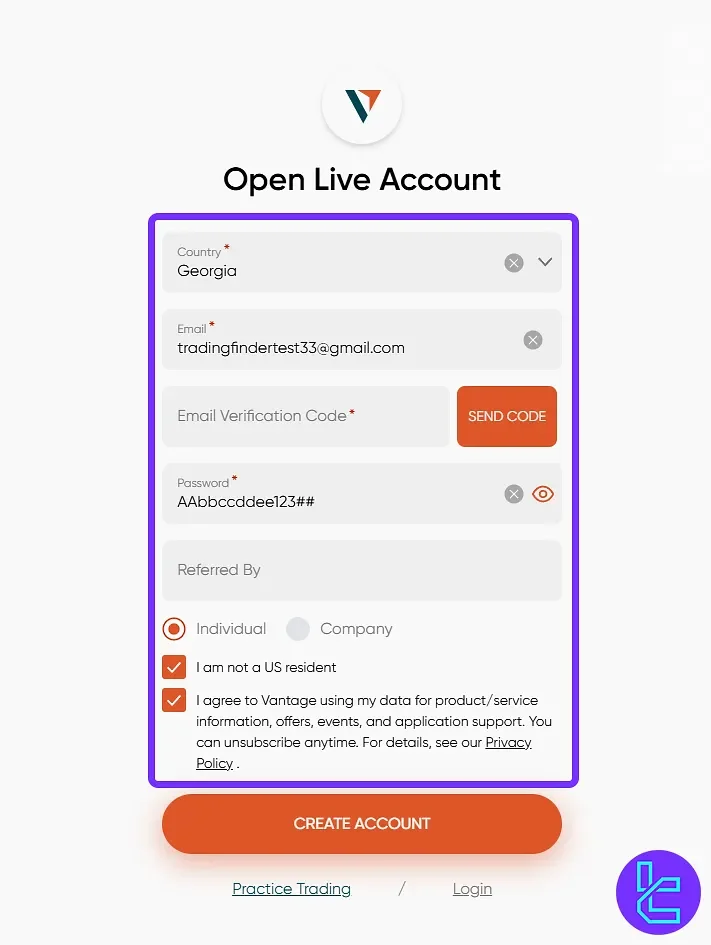 Vantage Markets sign up form