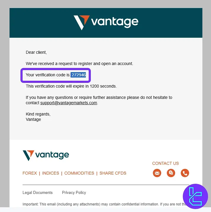Vantage Markets email confirmation