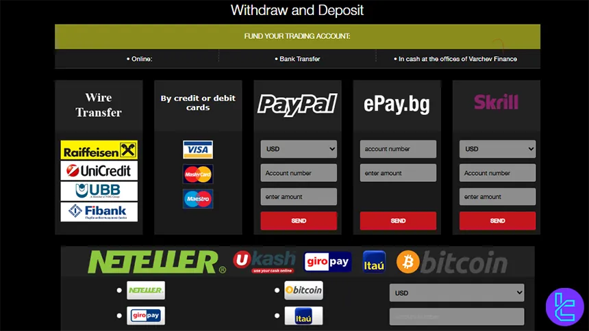 Varchev deposit and withdrawal methods