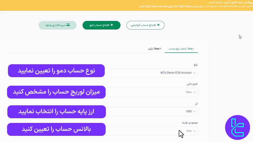 تعیین مشخصات حساب Demo بروکر ویتاورس
