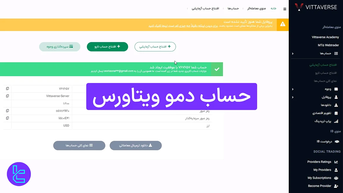 حساب دمو ویتاورس (Vittaverse) 1404 [ساخت حساب آزمایشی در 3 مرحله]