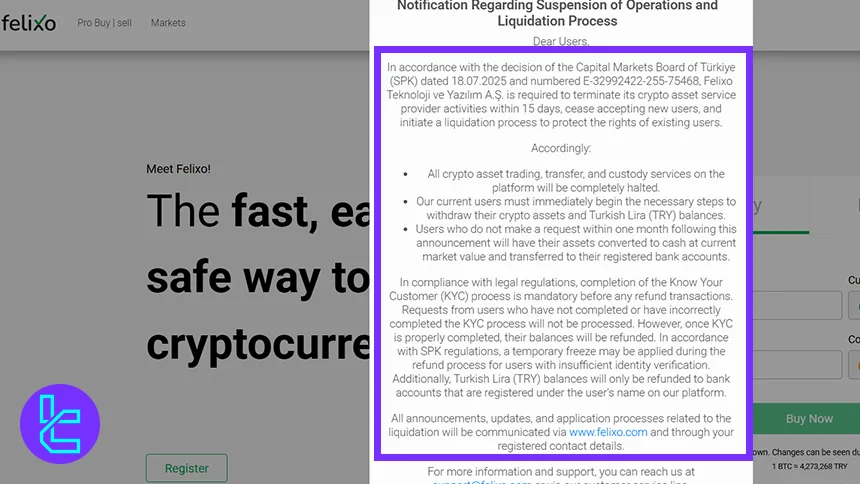 Official Felixo notice announcing suspension of crypto services and liquidation process