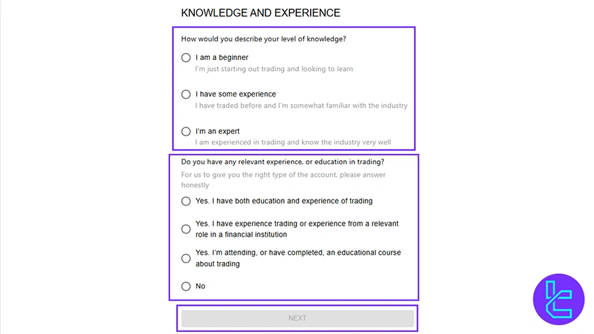 TD365 trading experience and knowledge questionnaire