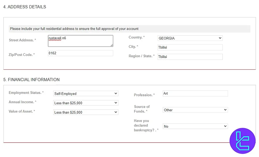 Address and financial details for Yadix registration