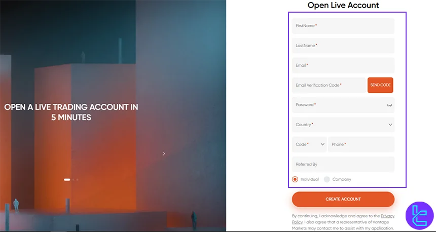 Vantage Markets UK form to register