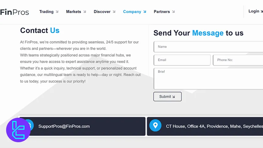 FinPros customer support contact form and office location