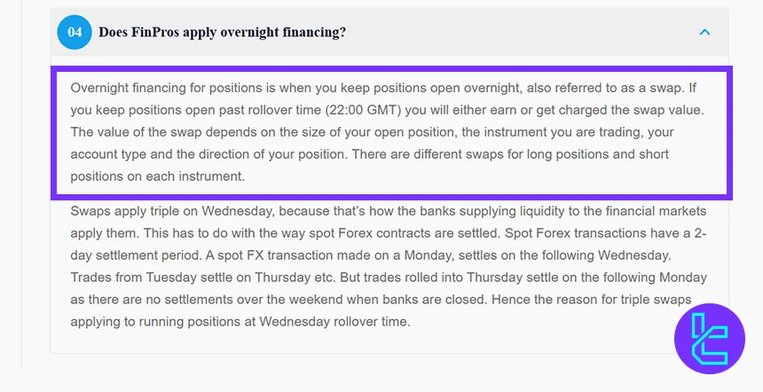 Explanation of how FinPros calculates overnight swap charges