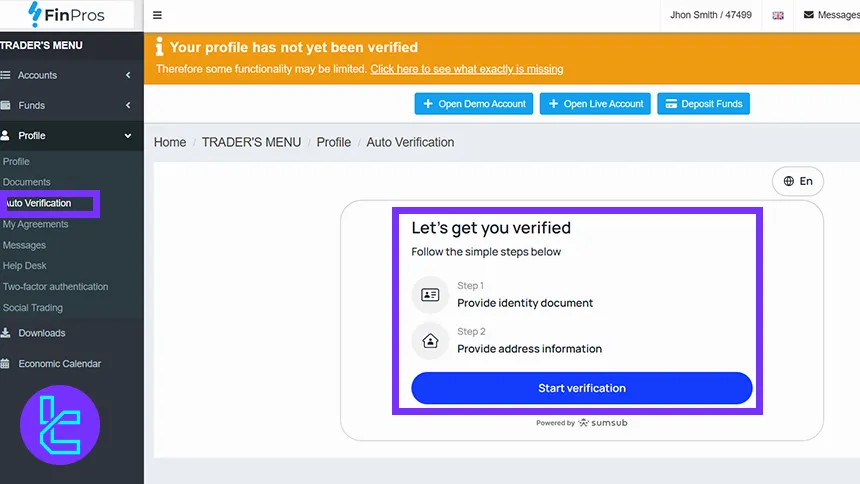 FinPros KYC identity verification interface powered by Sumsub