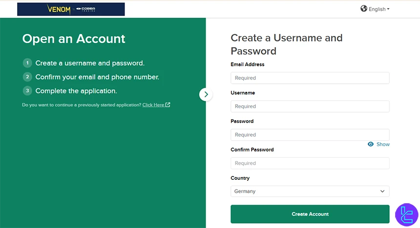 Venom Trading registration form