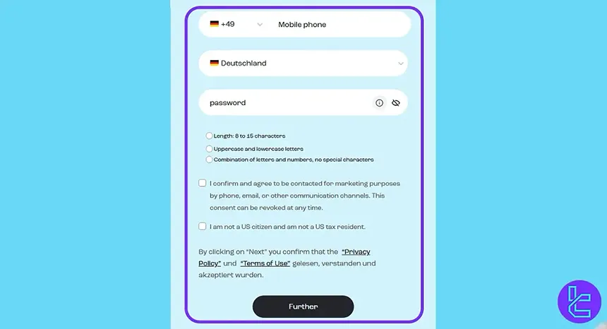 Enter Password and country of residence on Trive Invest