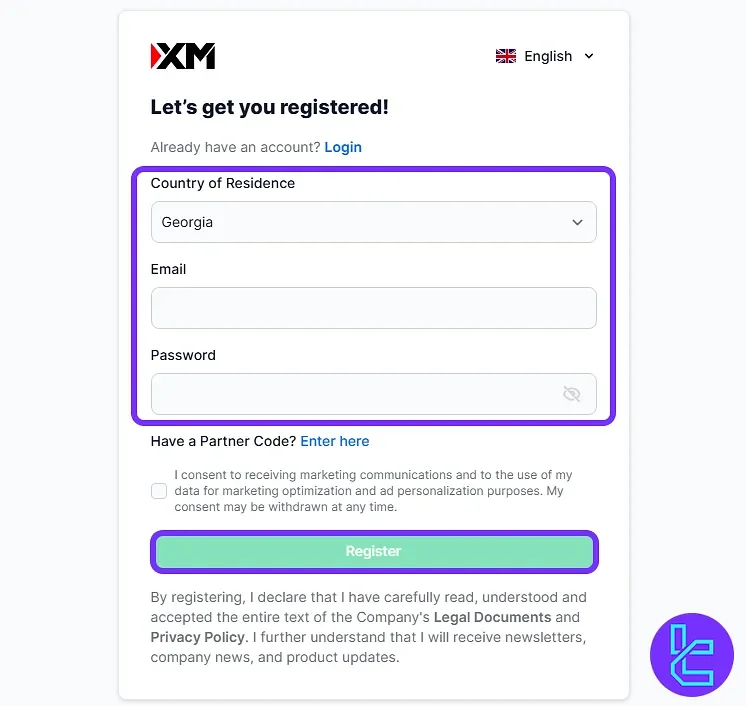 XMTrading sign-up form