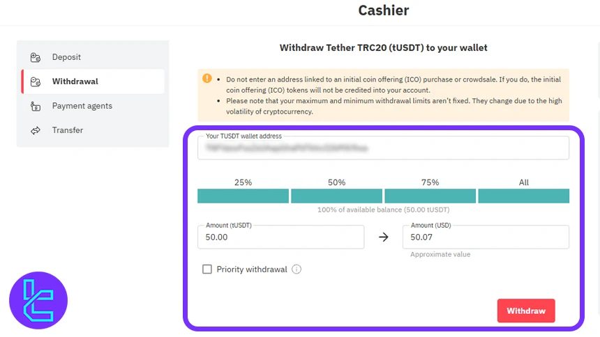 Tron wallet address input for Deriv Tether TRC20 Withdrawal