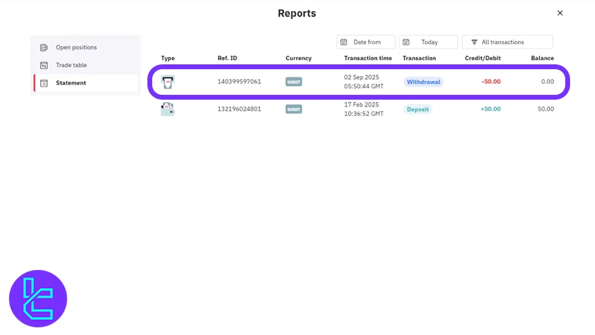 Transaction confirmation for Deriv Tether TRC20 Withdrawal