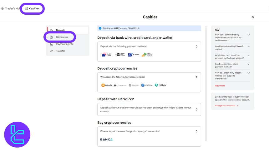 Deriv Tether TRC20 payout section
