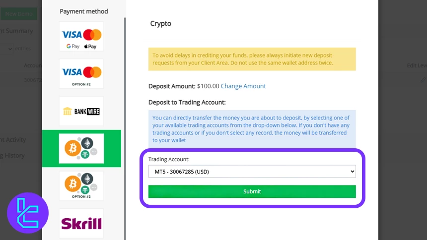 MarketsVox Tether TRC20 cash in select trading account