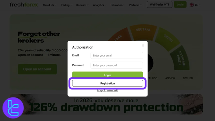 FreshForex login panel