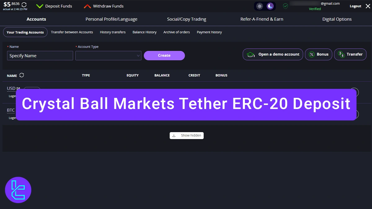 Crystal Ball Markets Tether ERC-20 Deposit - in 3 Steps & No Fees 2025