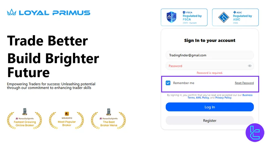 Set password for Loyal Primus registration