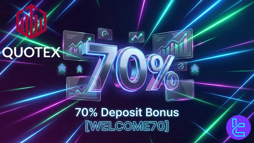 Quotex 70% deposit bonus promotion showing increased trading balance