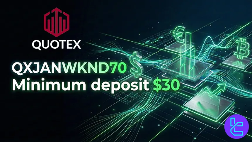 Quotex binary options campaign featuring a 70 percent deposit bonus offer