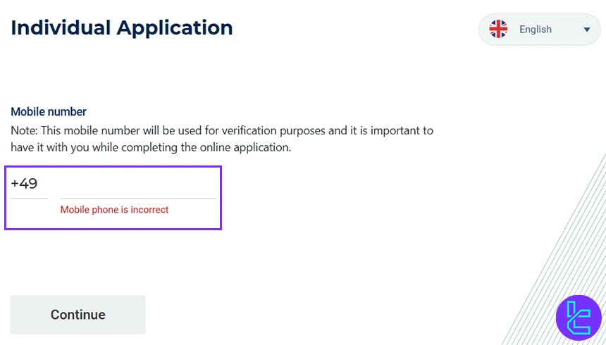 Tier1FX mobile number input