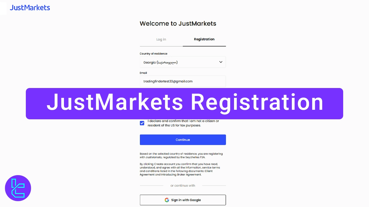 JustMarkets Registration - Sign up with Email, USA not allowed 2026