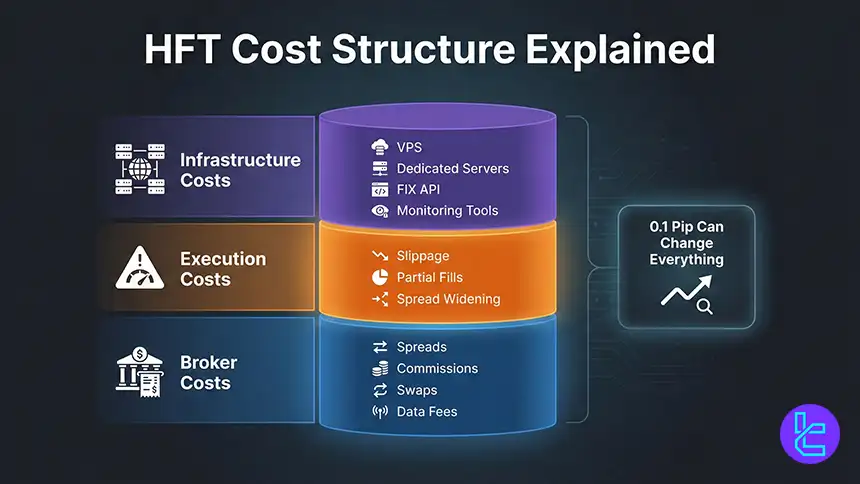 Cost breakdown for high-frequency trading, including fees, slippage, and infrastructure