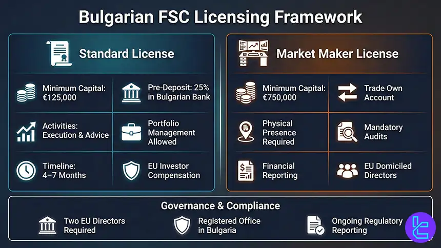 BFSC license requirements diagram showing standard vs market maker routes
