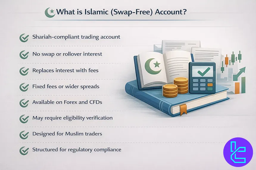 Infographic explaining key features of Islamic swap-free trading account