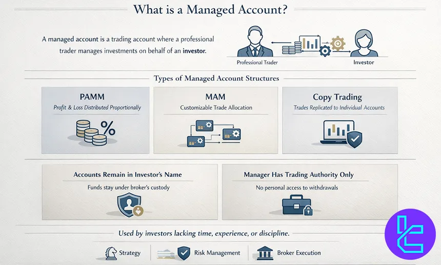 Overview of managed accounts including PAMM, MAM, and copy trading structures