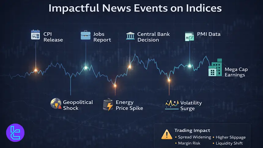 Economic calendar and index chart reacting to CPI and central bank headlines