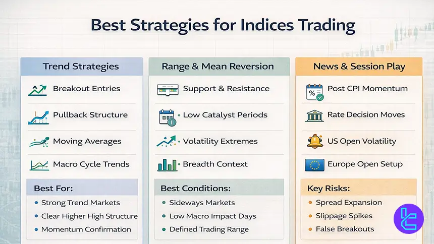 Indices strategy map showing trend, range, and news momentum setups