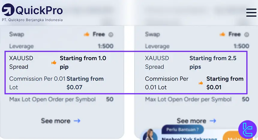 QuickPro spreads and commissions