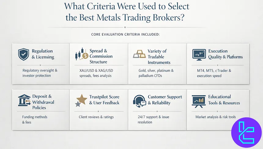 Metals trading broker evaluation criteria infographic
