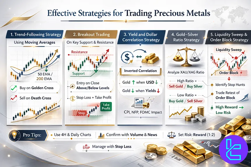 Precious metals trading strategies infographic