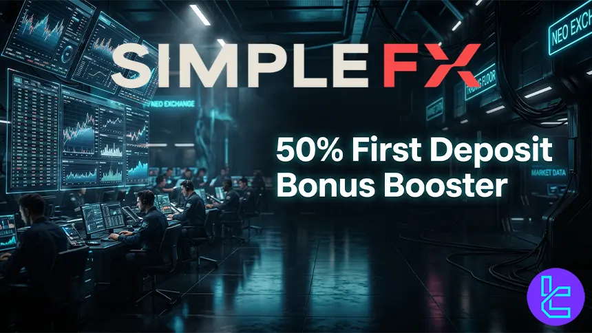 SimpleFX bonus booster showing 50 percent deposit reward tiers