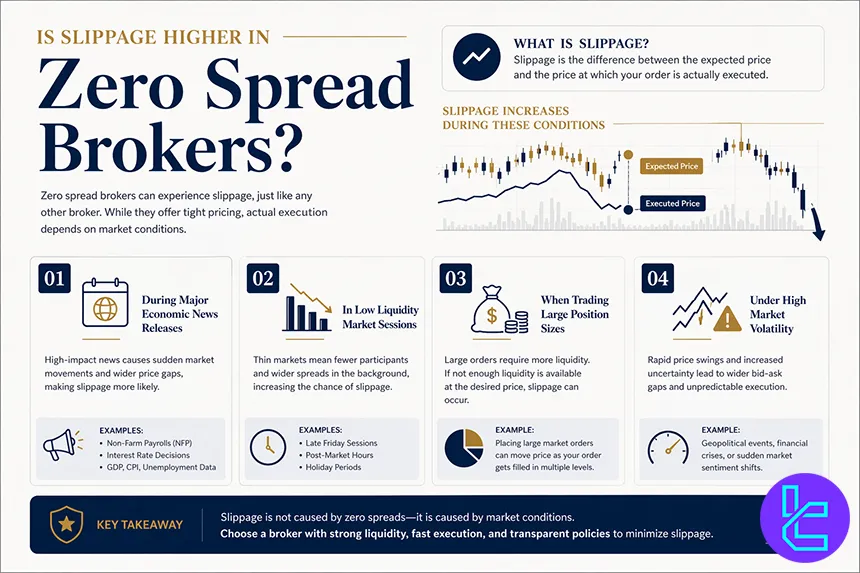 Slippage conditions in zero spread brokers