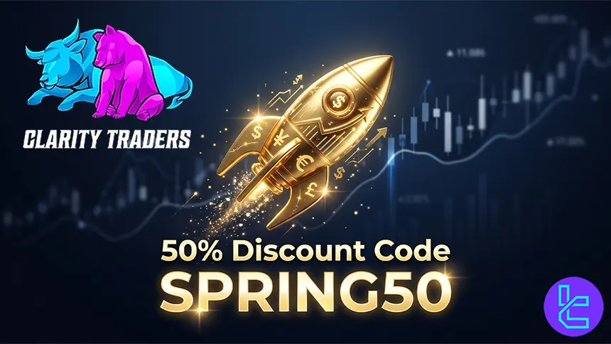 Clarity Traders SPRING50 promotion showing 50 percent discount on all prop trading challenges