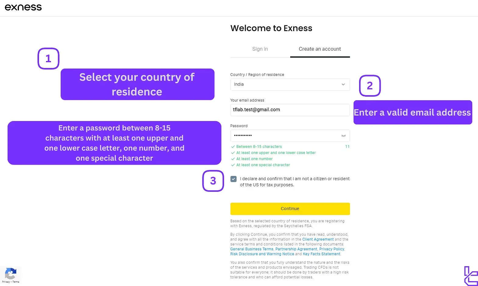 Exness registration form