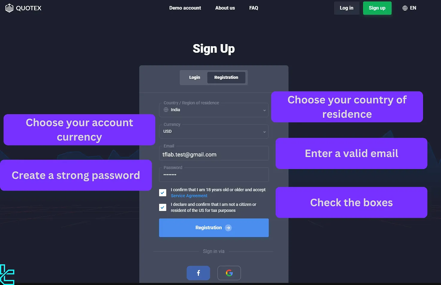 Quotex sign up form